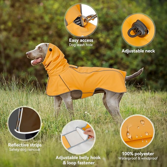 Reflective Dog Raincoat, Windproof & Waterproof Dog Rain Jacket, Adjustable Hooded Pet Poncho with Leash Hole for Small, Medium, Large Dogs(S-2XL) (Yellow, X-Large)