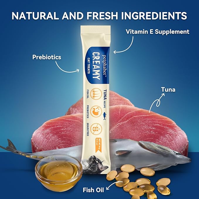 PETPHABET Lickable Cat Treats, Creamy Puree Wet Kitten Treats Tuna Recipe, Squeezable Paste Cat Snacks, Grain-Free Kitty Treat, High Protein Squeeze Up Tubes for Cats (0.5 oz x 20 Counts)