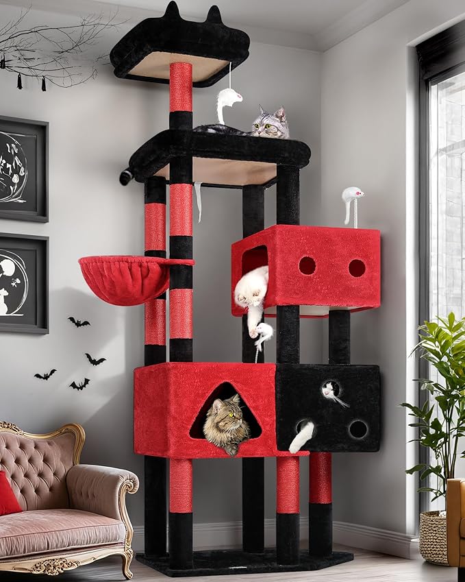 Globlazer Extra Large Gothic Cat Tower, 81-inch Tall Goth Cat Tree for Big Cats 20 lbs, XXL Heavy Duty Cat Scratching Tower for Indoor Adult Cats with 3 Cat Condos, 8 Scratching Posts, F81, Black Red