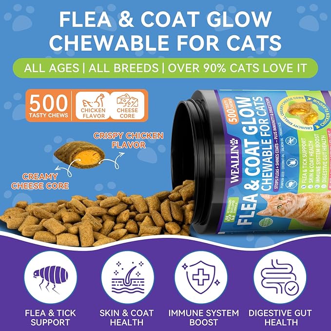 Flea and Tick Prevention for Cats - Cat Flea Treatment with Skin & Coat Support, 500 Crunchy & Creamy Chews, Oral Natural Flea Chewables for Gut & Immunity Support for All Breeds & Ages Chicken Flavor