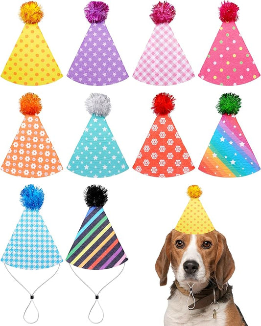 PET SHOW 10 Pack Small Party Hats for Medium Dogs Birthday Stuffed Animals Dolls Puppy Adjustable Headband Colorful Holiday Felt Hats Pet Grooming Costume Accessories