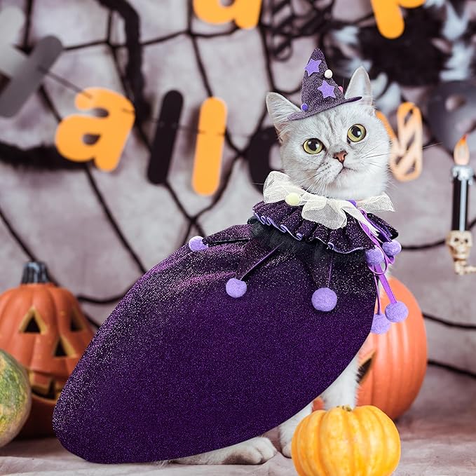 KOUPA Pet Halloween Costume with Hat, Dog Clothes Cosplay Wizard Cloak for Small Puppy Kitten Animal, Shiny Cat Outfit Suit for Party Holiday Christmas, Purple