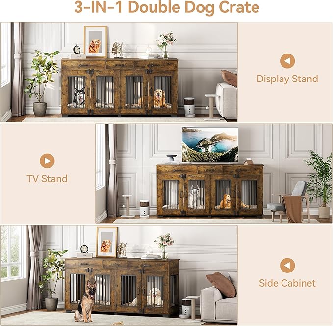 Dog Crate Furniture for 2 Dogs, 71 in XXL Indoor Dog Kennel with 3 Drawers and Removable Room Divider, Wooden Double Dog Crate TV Stand End Table with Double Doors for Large Medium Dogs, Rustic Brown
