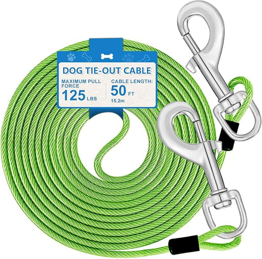 50ft Dog Tie Out Cable, Dog Leash Heavy Duty Tie Out Cable for Large Dogs Up to 125lbs Pull Force, Dogs Runner for Yard Outdoor and Camping, Heavy, Green