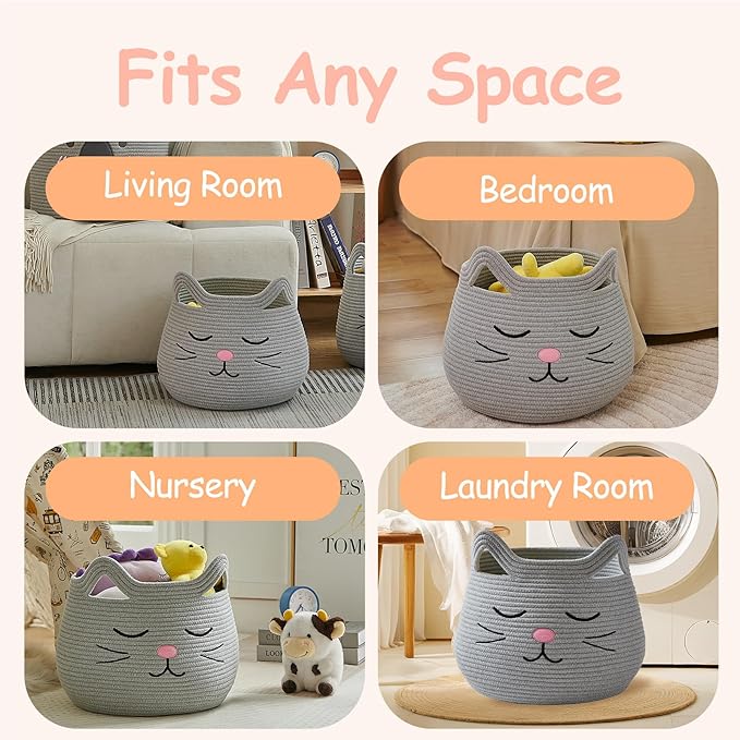 OMERAI Animal Baskets Cotton Rope Storage Basket Woven Toy Basket Large Basket for Blankets Cute Cat Toy Box with Handles Foldable Animal Laundry Basket Nursery Organizer, 15"D x 12.6"H