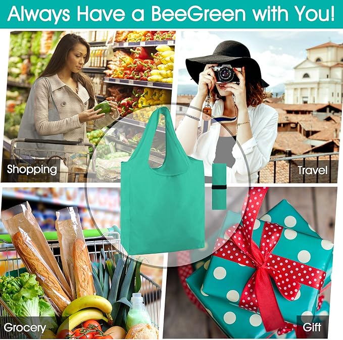 BeeGreen Reusable-Grocery-Bags-Foldable-Machine-Washable-Reusable-Shopping-Bags-Bulk Colorful 10 Pack 50LBS Extra Large Folding Reusable Bags Totes w Zipper Storage Pouch Lightweight Polyester Fabric