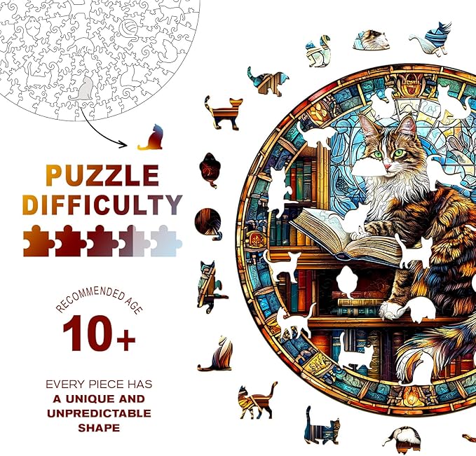 Wooden Puzzles for Adults - Maine Cat Library Wooden Jigsaw Puzzle, Unique Animal Shaped Wood Puzzles Adult, Christmas Birthday Gifts for Friends/Family, Home Decor 11.4 * 11.4in 200pcs