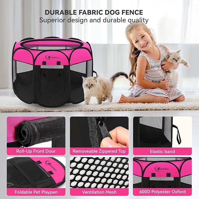 Dog Playpen, Puppy Pet Playpens Indoor for Small Dogs Tent Crates Cage Indoor/Outdoor, Portable Pop Up Dog Kennel Playpen with Carrying Case for Dogs/Cats/Rabbits, Hot Pink