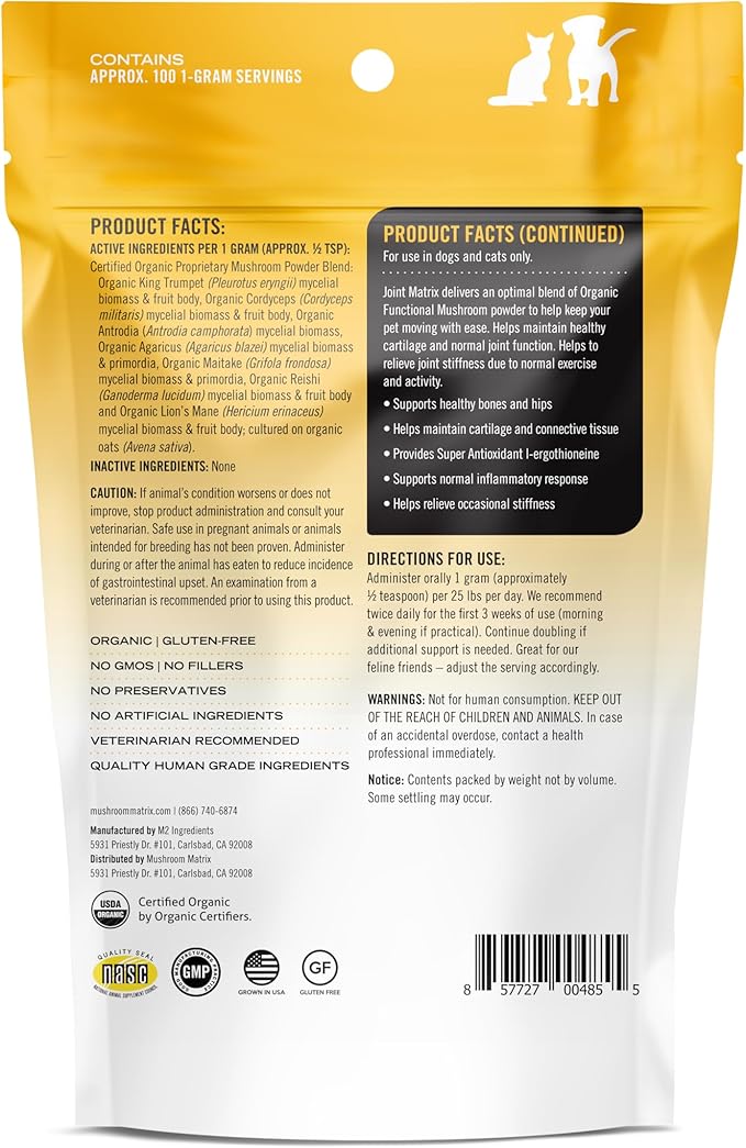Om Mushroom Matrix Pet - Canine | Joint & Hip Function | USA Grown Human-Grade Organic Mushroom Powder Pet Supplement | Promotes Resilient Bones & Joints for Dogs & Cats | 100 Grams, 3.5 oz