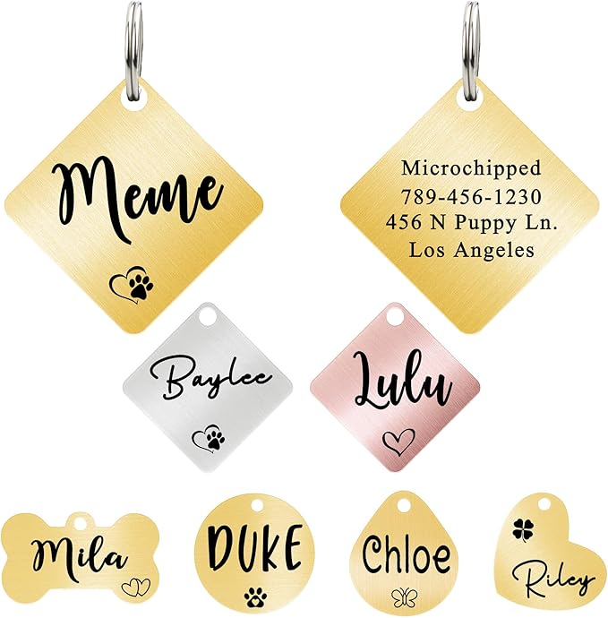 Ultra Joys Dog ID Tag, Custom Dog Tag Personalized Cat Tag, Pet ID Tag, Brushed Stainless Steel Diamond Dog Tag Gold Small