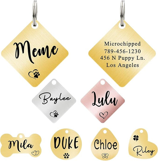 Ultra Joys Dog ID Tag, Custom Dog Tag Personalized Cat Tag, Pet ID Tag, Brushed Stainless Steel Diamond Dog Tag Gold Small