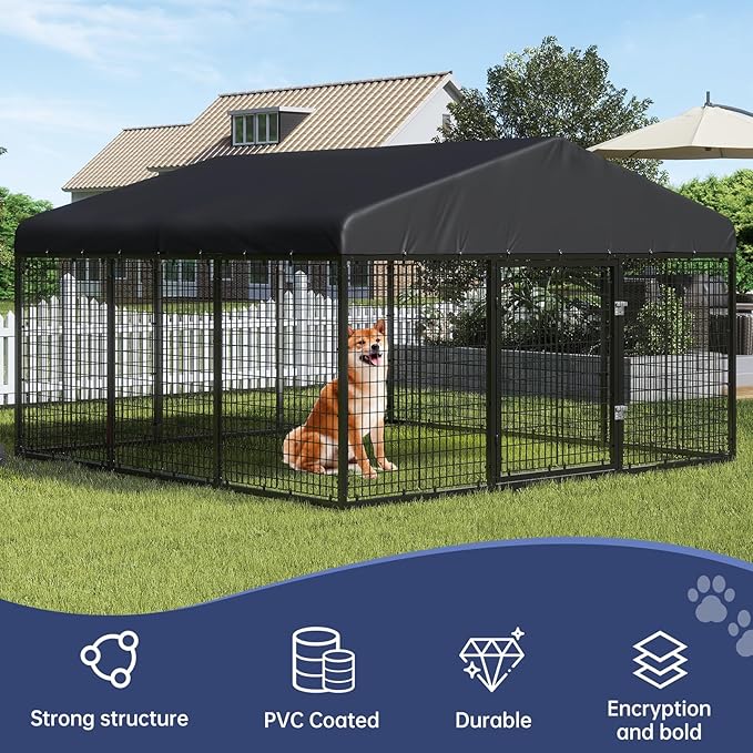 118" x 118" Outdoor Dog Kennel Steel Ideal Dog Fence for Medium/Small Dogs Anti-Rust Coating Cage with Roof All Weather Resistant Dog House with Double Locks