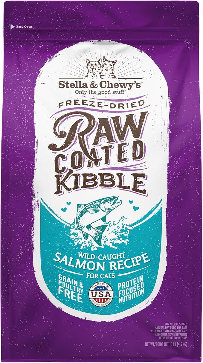Stella & Chewy's Raw Coated Cat Food - High Protein, Grain-Free Kibble with Wild-Caught Salmon - Premium Digestive Support with Probiotics - Natural Small Kibble - Perfect For Picky Eater - 10 lb Bag