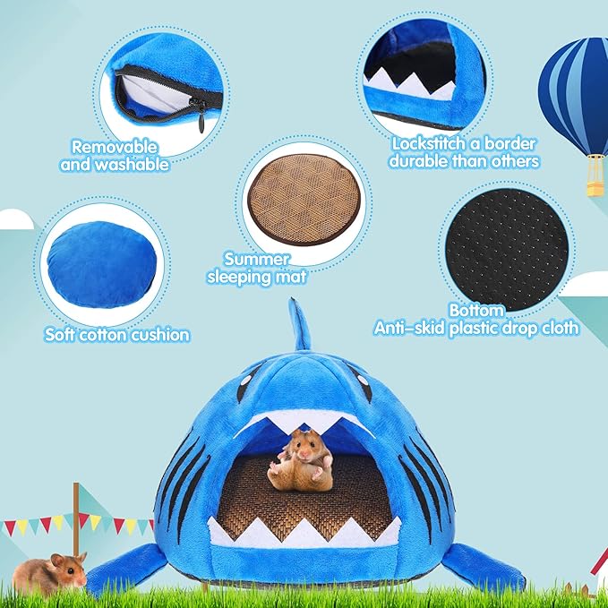 Jetec Shark Guinea Pig Bed Hideout Guinea Pig Animals Bed House Warm Small Hamster Nest Sleeping Mat Cushions Dutch Hamster Hedgehog Rat Chinchilla(Navy Blue)