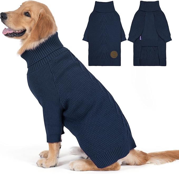 cyeollo 2XL Dog Sweater, Warm Stretchy Sweaters for Large Dogs Boy, Pullover Knitted Thermal Winter Big Dog Clothes with Sleeves, Turtleneck Pet Beagle Border Collie Apparel, Navy XXL