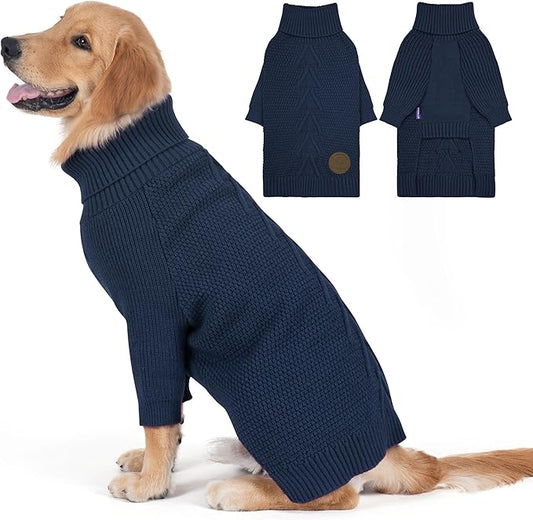 cyeollo 2XL Dog Sweater, Warm Stretchy Sweaters for Large Dogs Boy, Pullover Knitted Thermal Winter Big Dog Clothes with Sleeves, Turtleneck Pet Beagle Border Collie Apparel, Navy XXL
