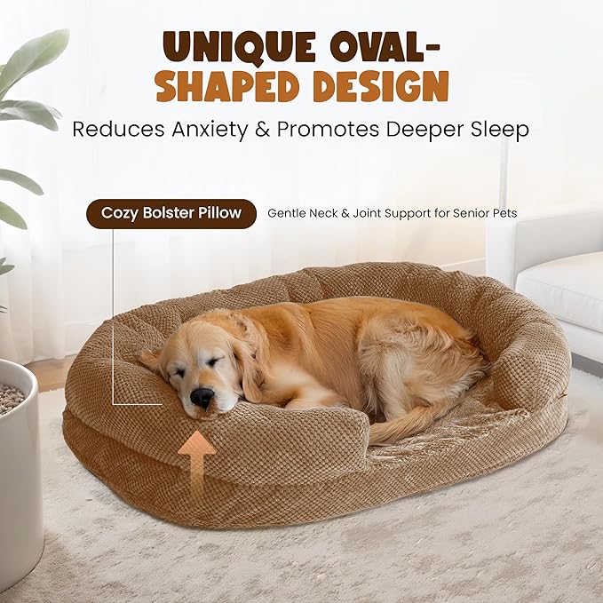 Plush Orthopedic Pet Bed for Small Dogs & Cats, 28" Oval Dog Sofa with Supportive Egg Crate Foam, Washable Removable Cover & Non-Slip Bottom, Bolstered Sides for Comfort, Camel (28")
