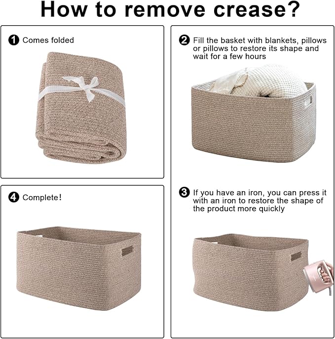 OIAHOMY 75L Large Woven Cotton Rope Storage Basket with Handle for Organizing Blanket and Toys for Living Room, Nursery, Brown Variegated 22”x17”x12”