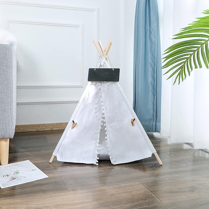 Pet Teepee, Portable Pet Tents for Small Dogs or Cats, Puppy Sweet Bed Washable Dog or Cat Houses with Cushion(White,24in)