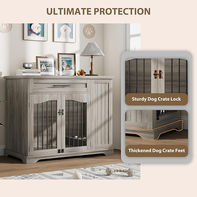 Furniture Style Dog Crate for Large Dogs, 44 Inch Heavy Duty Wooden Dog Kennel Furniture with Drawer & Side Storage and Bulit-in Feeding Station,Grey Set of 2