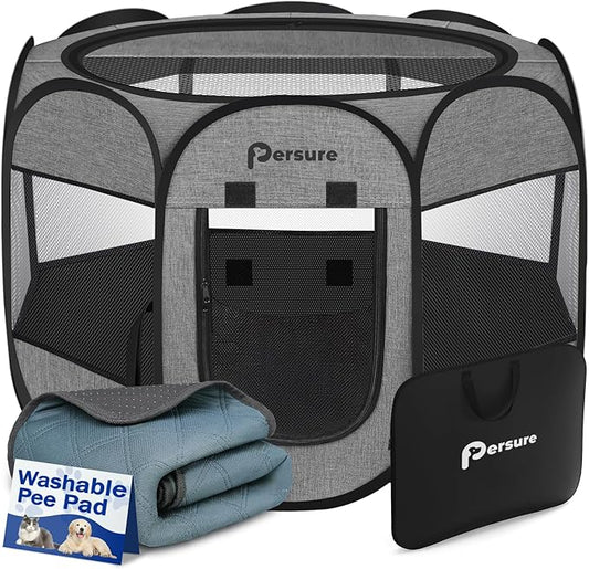 Dog Cat Playpen Indoor Outdoor for Puppy Pet Dogs Cat Recovery After Surgery, Dog Tent Crates Cage Indoor/Outdoor, Portable Pop Up Kennel with Carrying Case for Travel (Premium Grey with Pad, Medium)