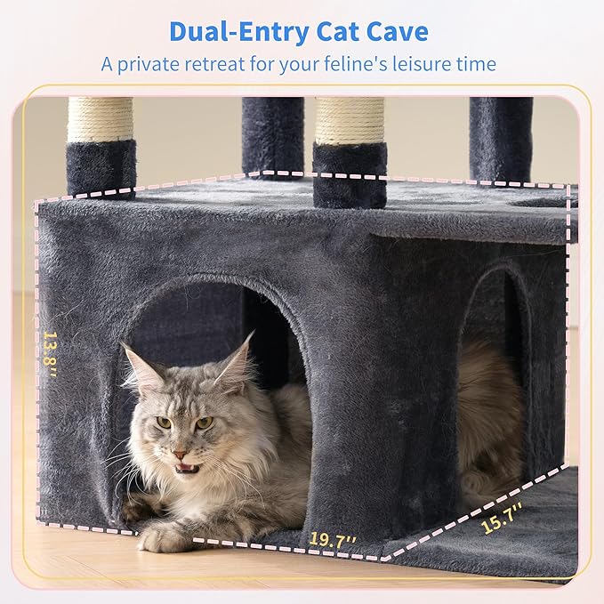 Heybly Cat Tree, 71-Inch Tall Cat Tower for Large Maine Coon Cats with Extra-Large Baseboard, Cat Condo Furniture with Multi-Level Platforms, 2 Hammocks and 12 Scratching Posts, Smoky Gray HCT037G