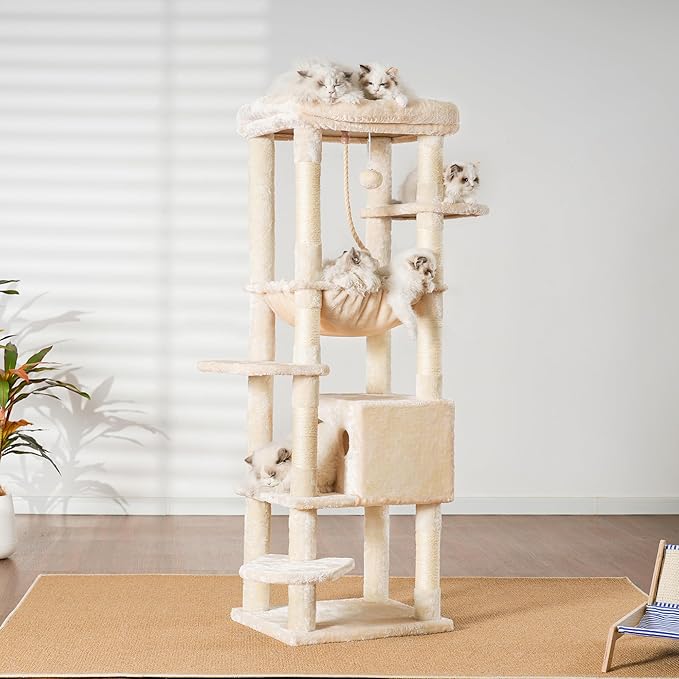 Heybly Cat Tree for Large Cats 20lbs Heavy Duty,60 inches XXL Cat Tower for Indoor Cats, Multi-Level Furniture Condo with Big Padded Plush Perch, Cozy Basket, Beige HCT050M