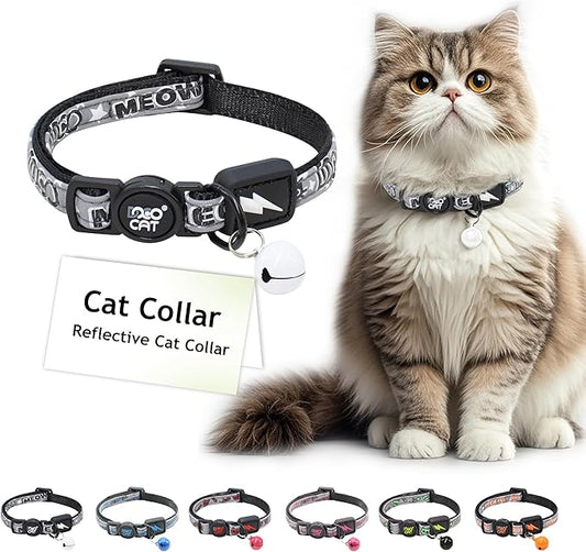 DOCO Cat Collar Breakaway Safety Buckle - Reflective Kitten Collar with Bell, Adjustable Nylon Strap for Kittens & Adult Cats - Black, Neck Girth - 3/8" x 7.5-12", Weight Up to - 13lb
