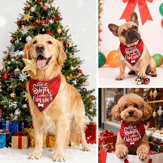 Christmas Dog Bandanas Funny Holiday Stocking Stuffers Pet Scarf Naughty & Nice Gifts Idea, Dear Santa I Can Explain, Red Plaid, Medium & Large Breed, 25-75lbs