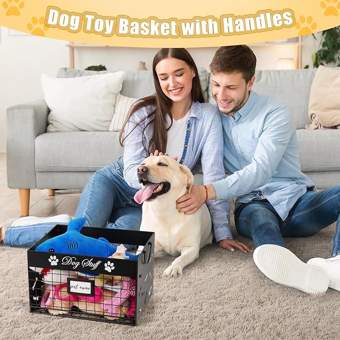 Dog Toy Bin - Metal Dog Toy Basket Box with Handles and Label Position Design Perfect for Pet Toys, Blankets, Clothes and Food (Not Included Label)