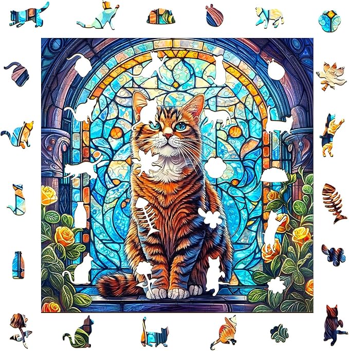 KAAYEE Wooden Puzzles for Adults, Stained Glass Cat 300 Piece Unique Animal Shape Puzzle, Cat Wood Puzzle for Adults, Creative Gifts for Friends/Family, Home Decor(13.4 * 13.3in)