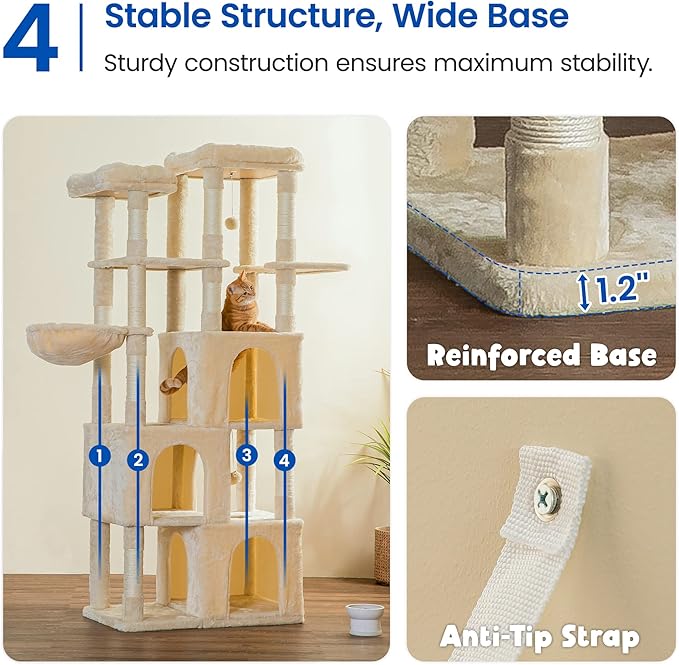 MWPO Extra Large Cat Tree - 70.1-Inch Tall Cat Tower with 3 Cat Condos, Multi-Level Cat Stand for Large Cats Featuring Scratching Posts, Padded Perches, Hammock, Dangling Toys, Beige