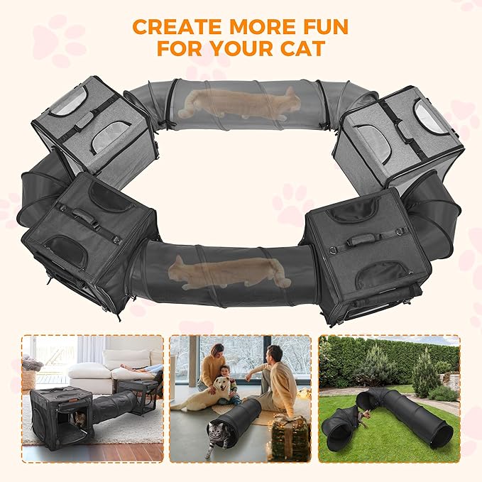 PETUX 2-in-1 Double Cat Carrier for Multiple Cats - 34"x17"x17", Portable, Foldable, Large Cat Travel Carrier with Litter Box, Play Tunnels and Hammock for Car Travel ＆ Vet Visit - Black