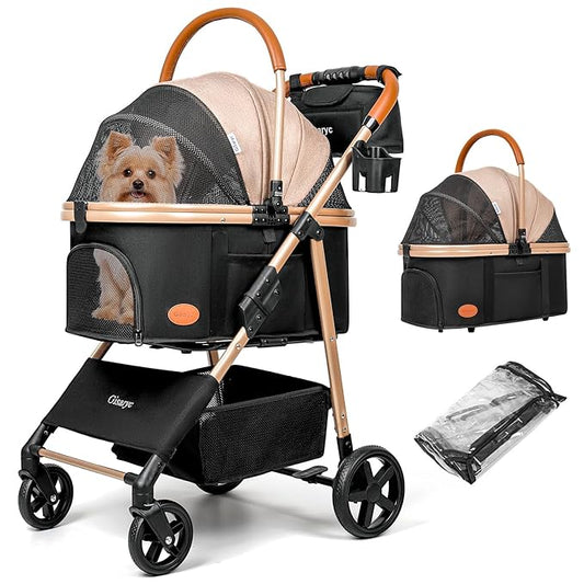 Dog Cat Stroller for Small/Medium Pets up to 50 lbs, 3-in-1 Foldable Pet Stroller with Detachable Carrier, Car Seat, Storage Basket, Cup Holder, Hanging Bag, Rain Cover, All-Terrain 4 Wheels (Khaki)
