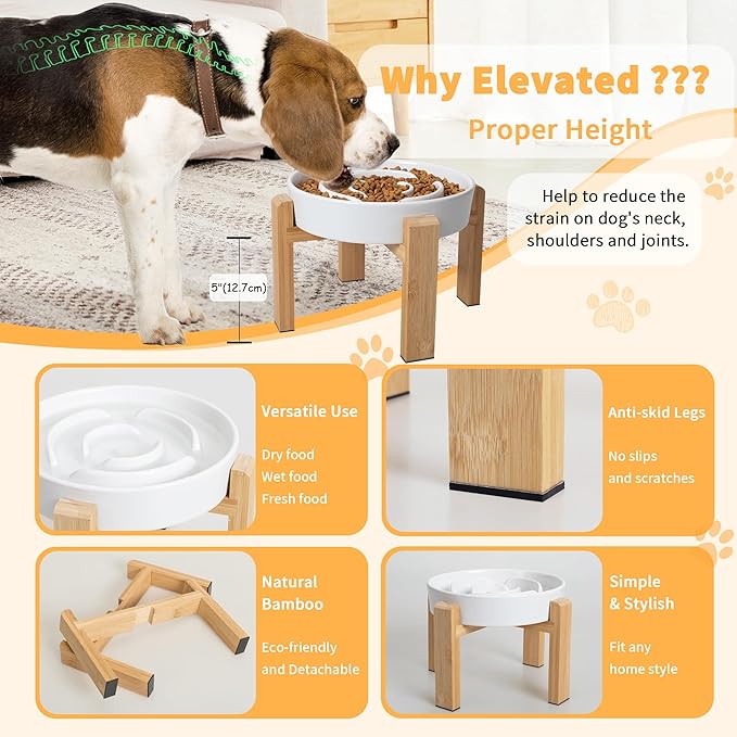 Elevated Slow Feeder Dog Bowl - Ceramic Food Dish with Bamboo Stand - Raised Maze Design - Ideal for Medium to Large Dogs - White - 8.8 inch