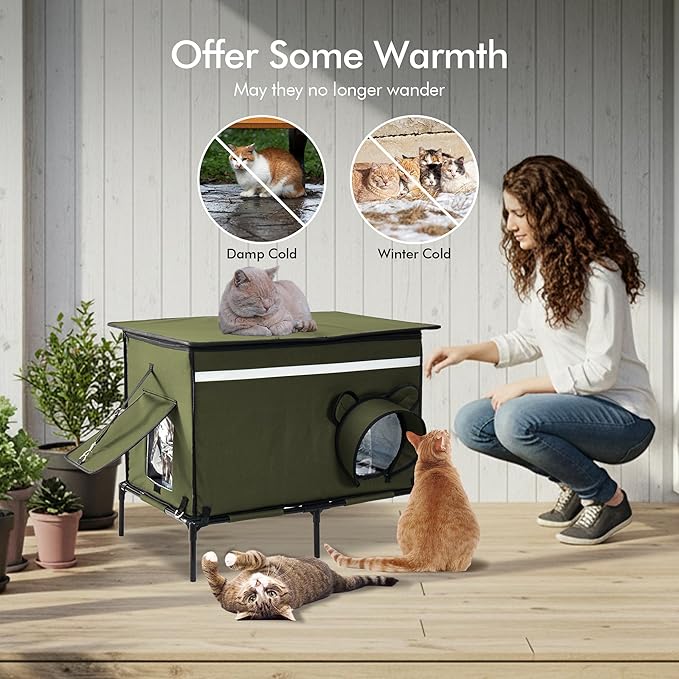Heated Outdoor cat House for Outside, Weatherproof Insulated Feral Cat Shelter with Timer-Temp Control Heating Pad in Winter, Large Elevated Outdoor Cat House with Zipper, 2 Doors, Safety- Army Green