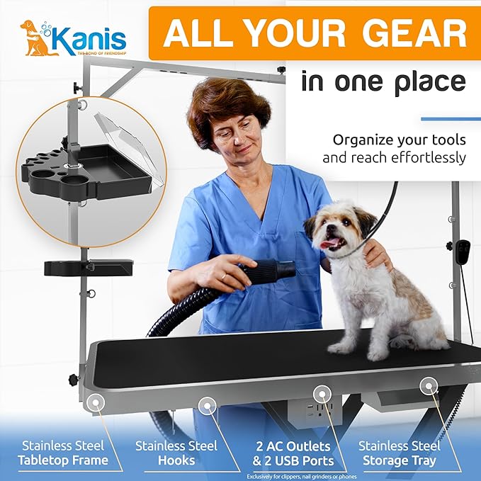 KANIS - 50" Professional Stainless Steel Dog Bathing Station, Left RAMP + 49" Professional Electric Dog Grooming Table, Black