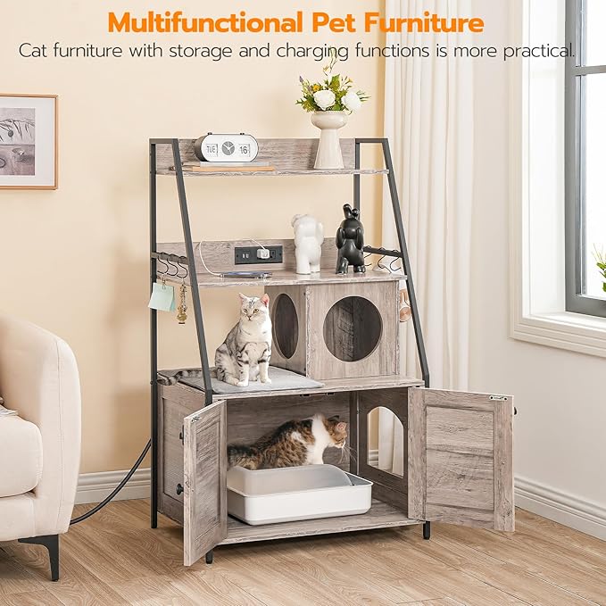 HOOBRO Litter Box Enclosure with 2 Storage Shelves, Tall Litter Box Furniture Hidden with Charging Station, Indoor Hidden Litter Box Furniture with Plush Mat, Greige BG70UMW01