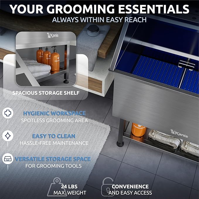 KANIS Professional Dog Washing Station - 304 Stainless Steel Pet Wash Sink & Grooming Bathtub w/Shower, Floor Grates and Storage for Large, Medium & Small Pets (61", Shelf - Right Ramp)