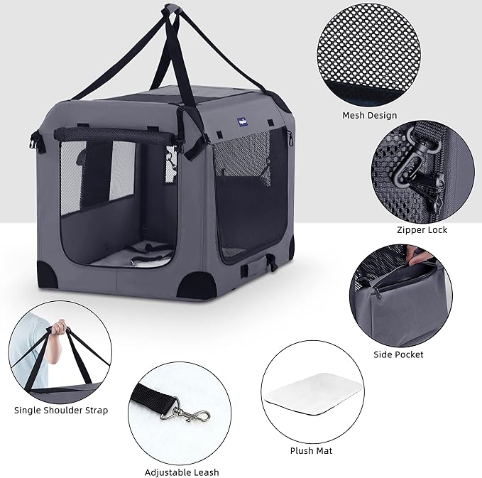 Petprsco Portable Dog Crate - 32"x23"x23" Collapsible Dog Travel Crate for Medium/Large Dogs with Soft Blanket, Foldable Bowl & Poop Bag Dispenser - Indoor & Outdoor Use