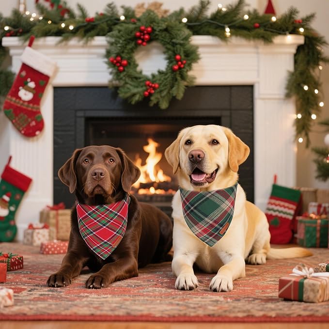 ADOGGYGO 4 Pack Plaid Dog Bandanas Fall Halloween Thanksgiving Christmas, Premium Cotton Fabric, Red Green Orange Blue Plaid Bandanas for Extra Large Dogs (X-Large)