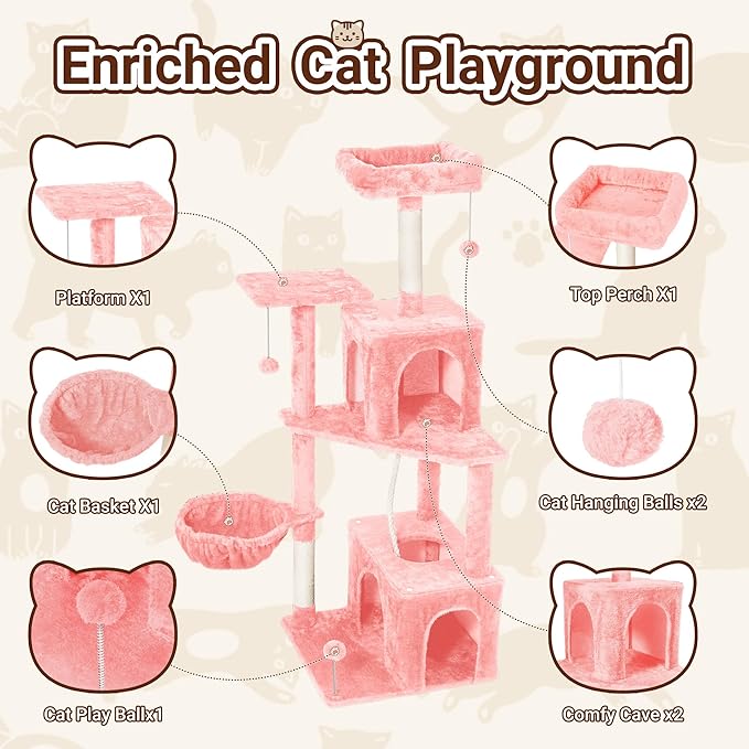 Cat Tree, 54-Inch Cat Tower for Indoor Cats,Plush Multi-Level Cat Condo with Scratching Posts, Basket, Perches,2 Caves,2 Pompoms(Pink)