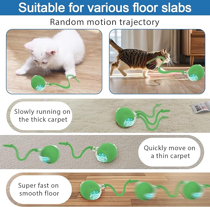Interactive cat Toys for Indoor Cats, Speedy Tail 3.0 Cat Toy, Motion Activate cat Toy Ball，Automatic Toys for Bored Indoor Cats, Speedy Tail 2.0 Cat Toy, Rechargeabl(Green)