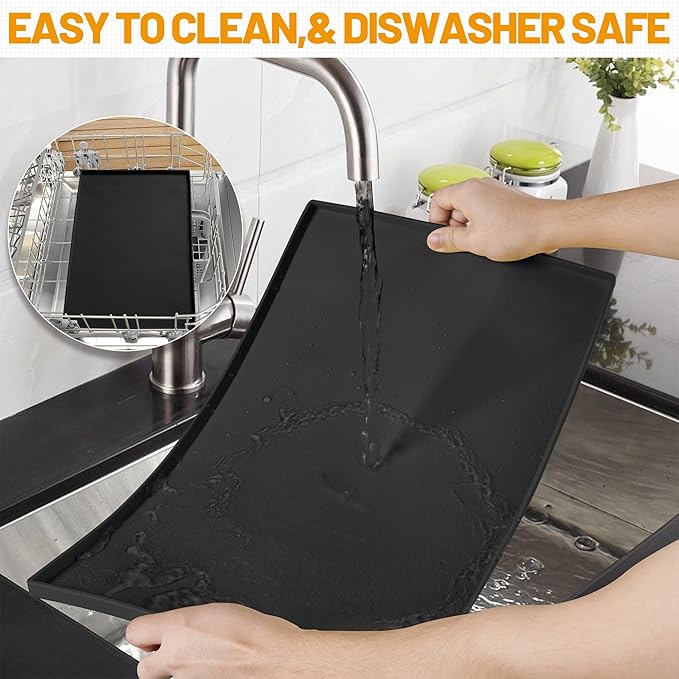 Hubulk Dog Feeding Mat,100% Waterproof Food Grade Silicone Pet Food and Water Bowl Placemat,Dishwasher, High Raised Edge to Prevent Spills,Nonslip Tray to Stop Messes on Floor (32"x24"x1.0", Black)