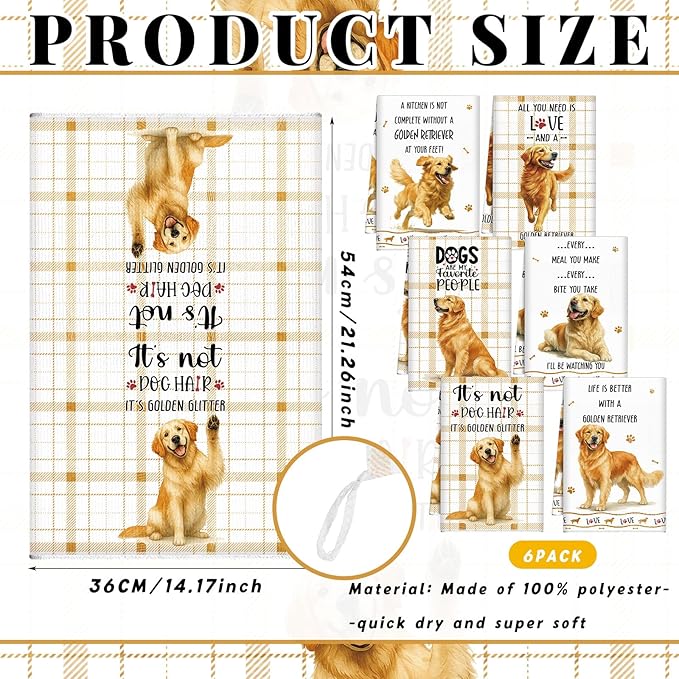 Redbaker 6 Pcs Golden Retriever Kitchen Towels Funny Dish Towel Gifts for Golden Retriever Lovers Kitchen Hand Tea Dishcloth Dog Owner Decorative with Hanging Loop for Christmas Home Housewarming Gift