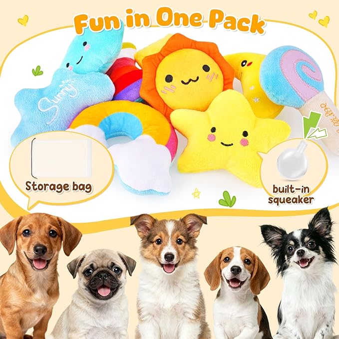 KIPRITII Whimsical Squeaky Dog Toys for Small Dogs & Puppies – Plush Toys Pack with Storage Bag, 9 Pcs Stuffed Puppy Chew Toys with Squeakers to Relieve Boredom