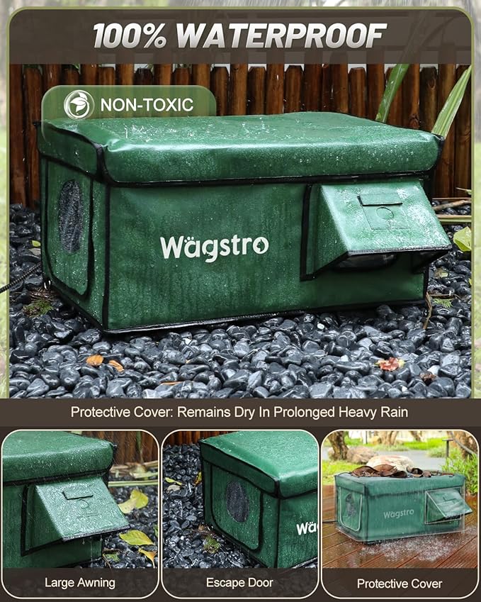 Heated Cat House for Outside, Waterproof Awning & Escape Door Heated Cat Houses for Indoor/Outdoor Cats in Winter, Elevated & Insulated Outdoor Cat Shelter for Feral Cat(Green, 16.5"x12.6"x13")