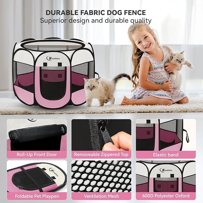 Pink Dog Cat Playpen, Puppy Pet Playpen Indoor for Small Dog Crate Tent Cage Outdoor, Portable Pop Up Dogs Enclosure Kennel with Carrying Case for Dogs/Cats/Rabbits