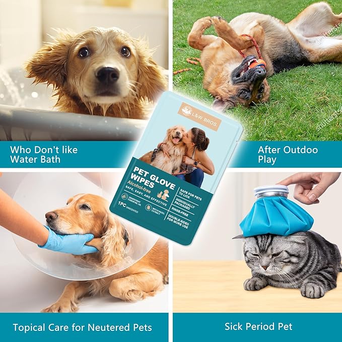 L&W BROS. Dog Wipes Gloves 10 PCS Individually Packaged, Flush-Free, Safe, Alcohol-Free, and for Convenient Grooming Cleaning Deodorizing Hypoallergenic Wipes Disposable Premium Pet Wipes (Unscented)