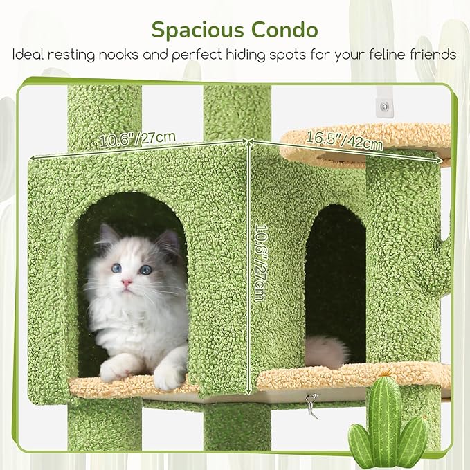 Globlazer Extra Large Platform Cactus Cat Tree, 65in Sturdy Cat Tree for Multiple Indoor Cats Large Adult, Big Cat Tower with 3 Padded Perches, 6 Scratching Posts, Spacious Condo, Hammock, S65, Green